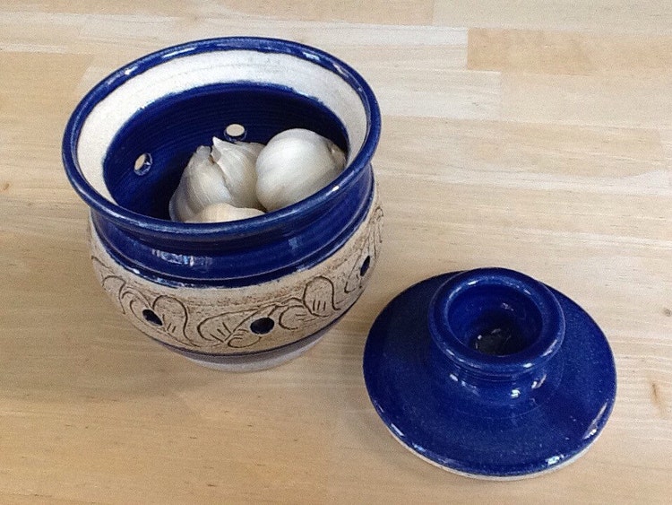 Pottery Garlic Keeper Cobalt Blue with by
