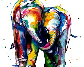 Colorful Elephants Holding Trunks Watercolor Painting -Art print of original watercolor painting