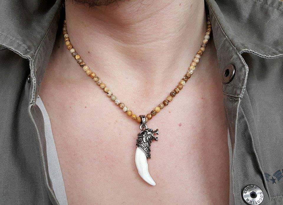 Wolf Tooth Necklace Mens Beaded Necklace Gemstone Necklace