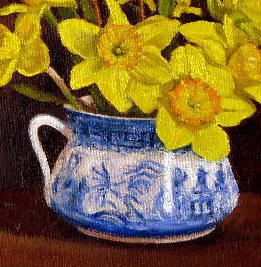 daffodils in Blue willow vase original oil by AbingdonArts on Etsy