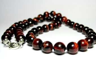 Mens Red Tiger Eye Necklace, Mens Beaded Necklace, Mens Silver Necklace, Mens Gemstone Necklace, Unisex Necklace, Gift for Him