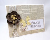 Birthday Card - Happy Birthday - Vintage Style - Brown and Yellow - Butterfly - Blank Card - Vintage Newsprint - Shabby Chic Flower