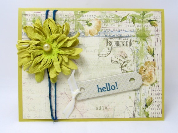 Hello - Any Occasion Card - Vintage Style - Shabby Chic Flower - Bright Green - Blank Card - Botanical Print - Hand Stamped Tag