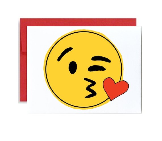 Kiss face emoji Valentine funny card - red yellow iPhone emoticon Valentines day simple greeting