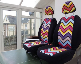 Chevron car seat covers: car front seat covers. candy zig zag design. English print. Pair of covers for car front seats. chevron fabric
