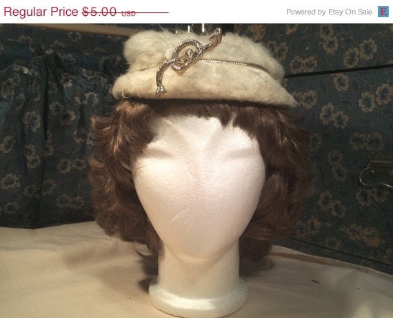 Spring Sale Vintage 1960's white faux fur hat with gold accents