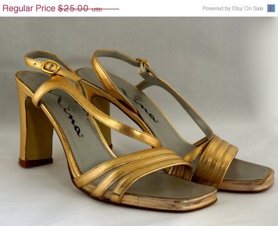 ON SALE 1980's Gold Strappy Heels by Nina by BlueEyedFillyVintage