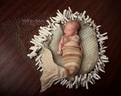 Mermaid Newborn Photo Prop Set- Crochet Pearls Mohair Tieback- Baby Girl Sack Tan Beige Tail Fluke Nautical Beach
