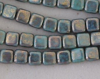 Bronze Picasso-Turquoise : Czechmates Tile, 6mm, 2 Hole Czech Beads 25pc. (D-18F)