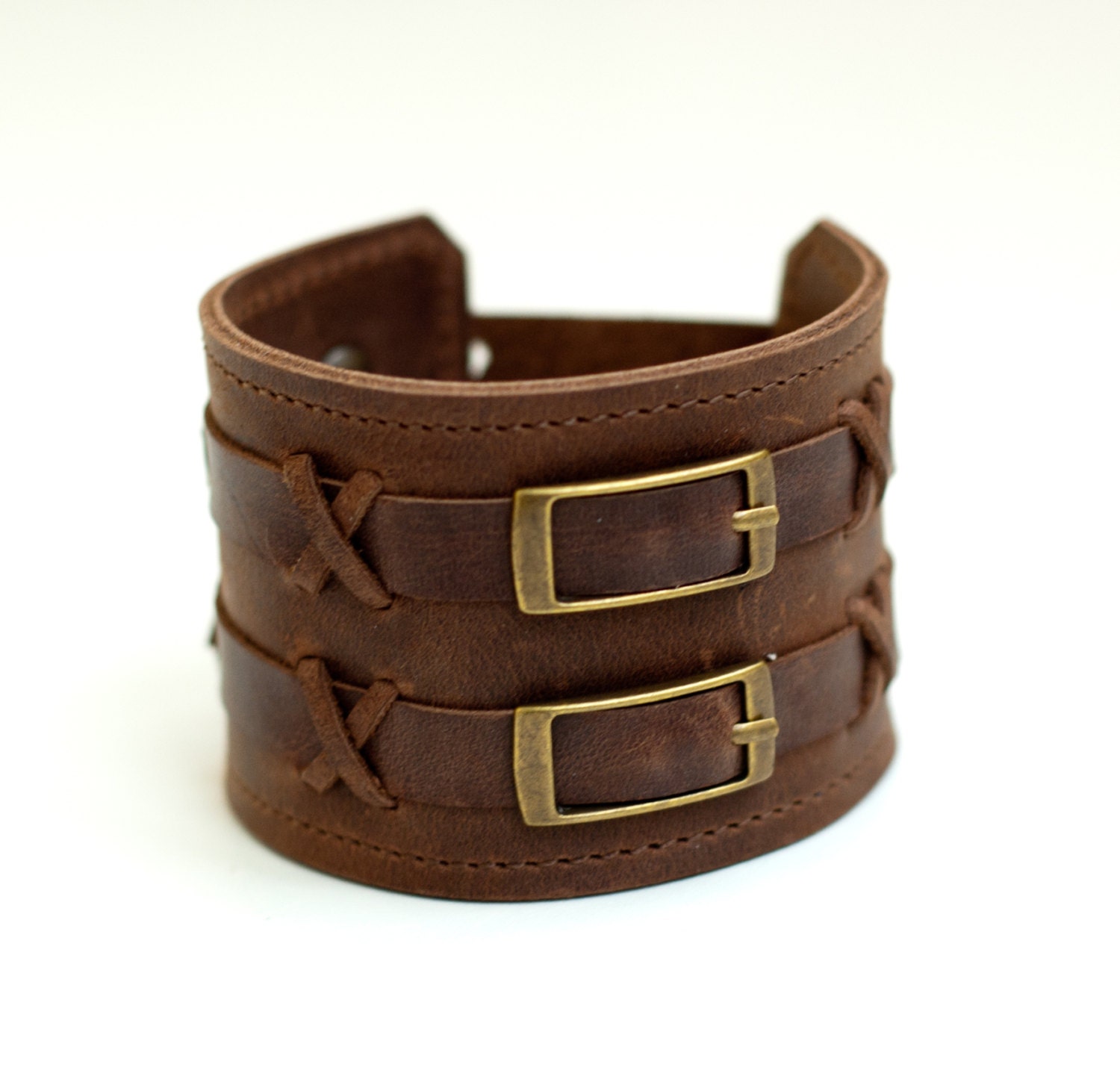 Vintage Leather Bracelet with Buckles Brown Wide by dariapugach