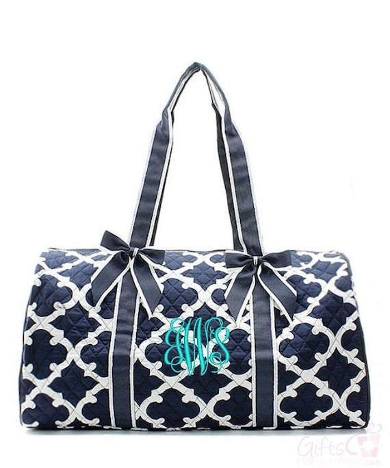 Personalized Duffle Bag Quilted Quatrefoil Moroccan Navy Blue