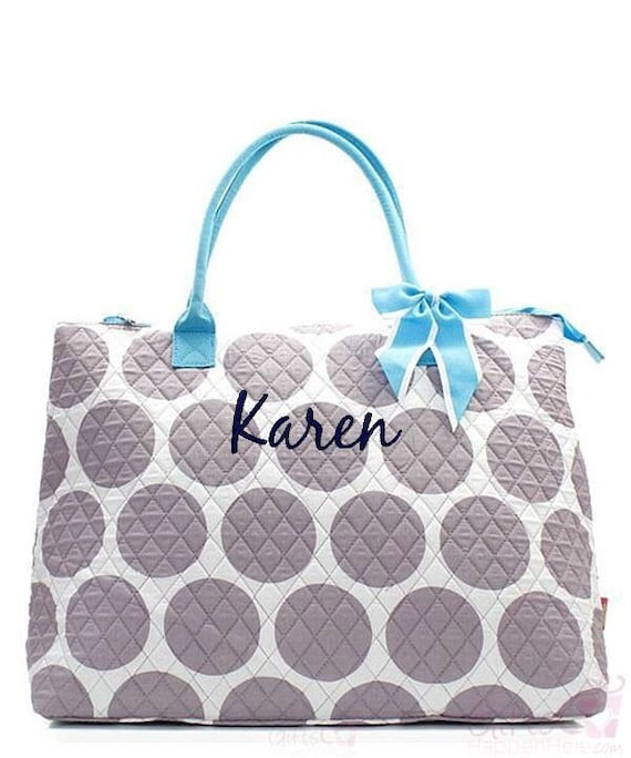 Monogrammed Quilted Tote Bag Personalized Polka Dot Gray Turquoise ...