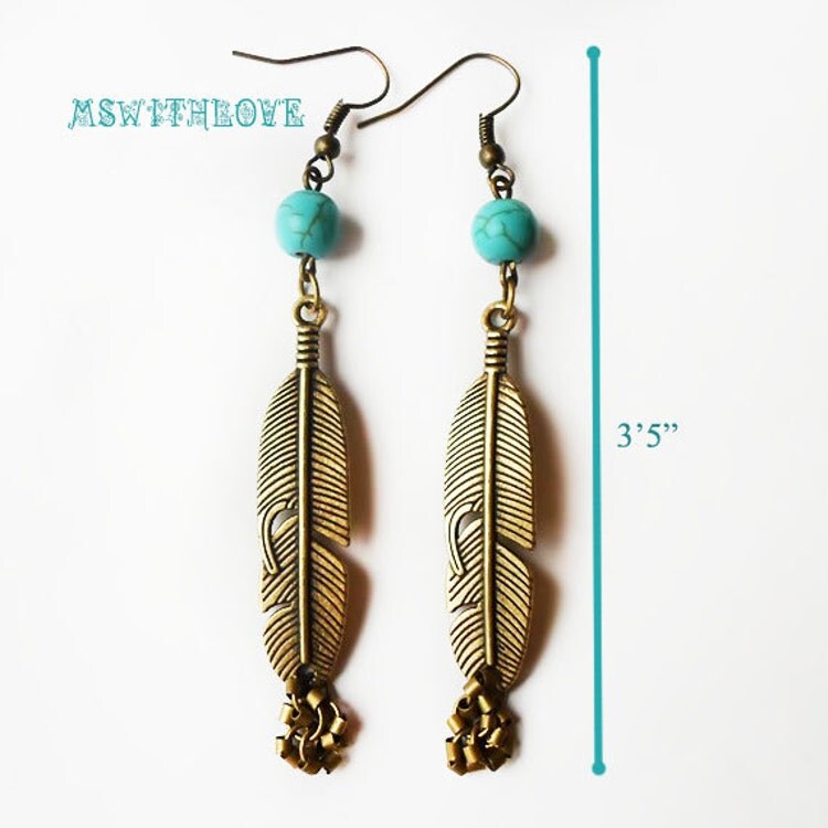Bronze feather earrings turquoise bohemian earrings by MSwithlove