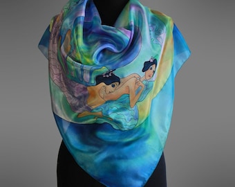 Vrubel silk scarf The Pearl. Hand painted silk scarf. Square silk scarf. Designer silk scarf. Pure silk scarf. Art to wear. Ready to ship.