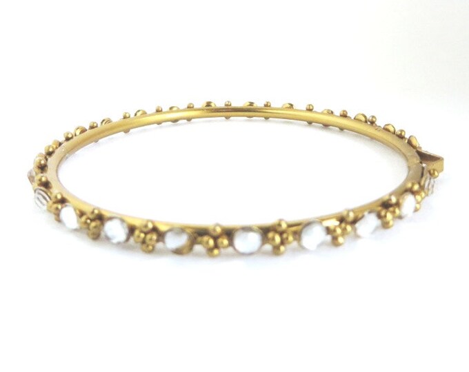 Vintage Moonstone Glass Bangle, Gold Tone Skinny Bracelet, Small Bangle Gift for Her