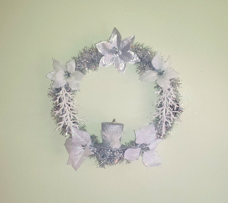 Seasonal Winter Wreath with White Trees Poinsettias and Hat,Winter Hat Wreath with Poinsettias,Christmas Silver and White Wreath with Trees