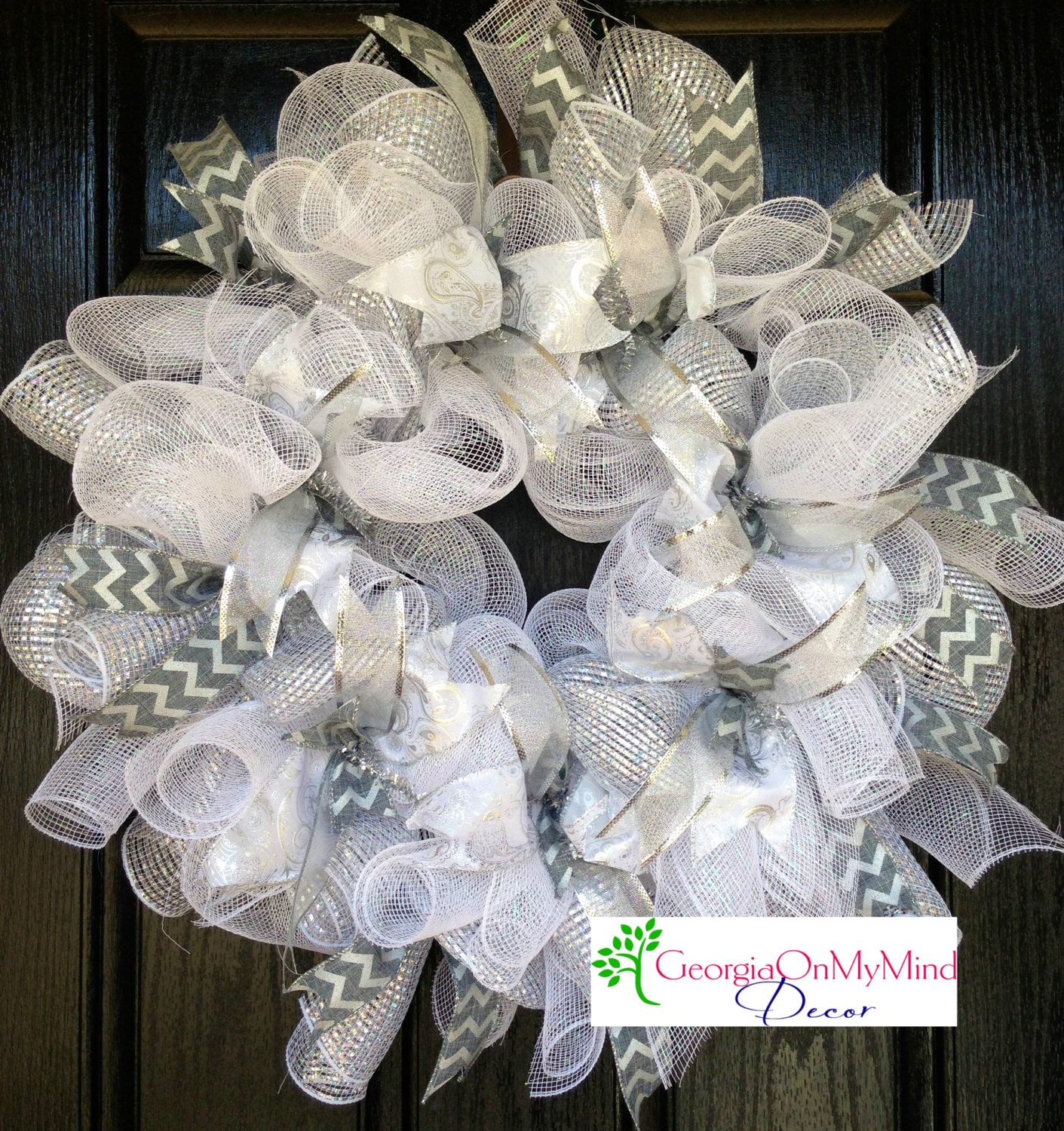 Deco Mesh Elegant White Silver Wreath For Weddings Shower