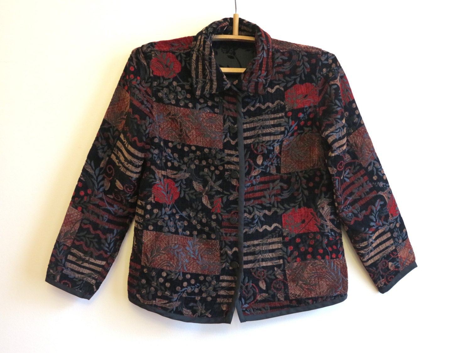 Black Red Floral Tapestry Womens Jacket Reversible Blazer