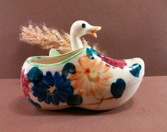 Vintage Hand Painted Ceramic Dutch Shoe and Duck Figural Planter. Made in Japan. Mid Century Kitsch Decor. Cotton Ball Holder.