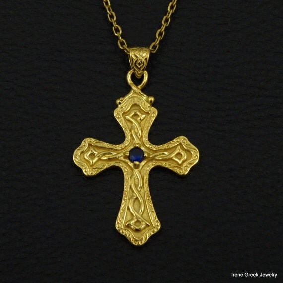 Cross Pendant Blue Sapphire Cz Byzantine Style 925 Sterling