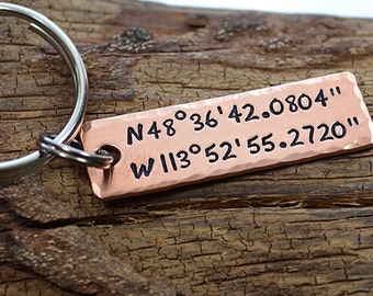 Groomsmen Gifts - Personalized Copper Keychain - Coordinate Keychain - Latitude Longitude Keychain - Gifts for Him - Groom Gift - Pink Lemon