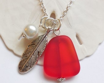 Cherry Red Sea Glass Necklace, Beach Glass Necklace, Sea Glass Jewelry, Beach Glass Jewelery, Feather Charm Necklace, Free Shipping in US.