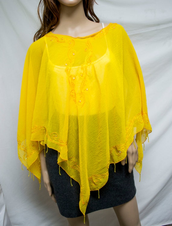 Free Ship Poncho Top Semi Sheer Yellow Embroidered