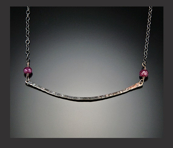 Ruby Necklace: Ruby Silver Dark Necklace Hammered Oxidized Elegant