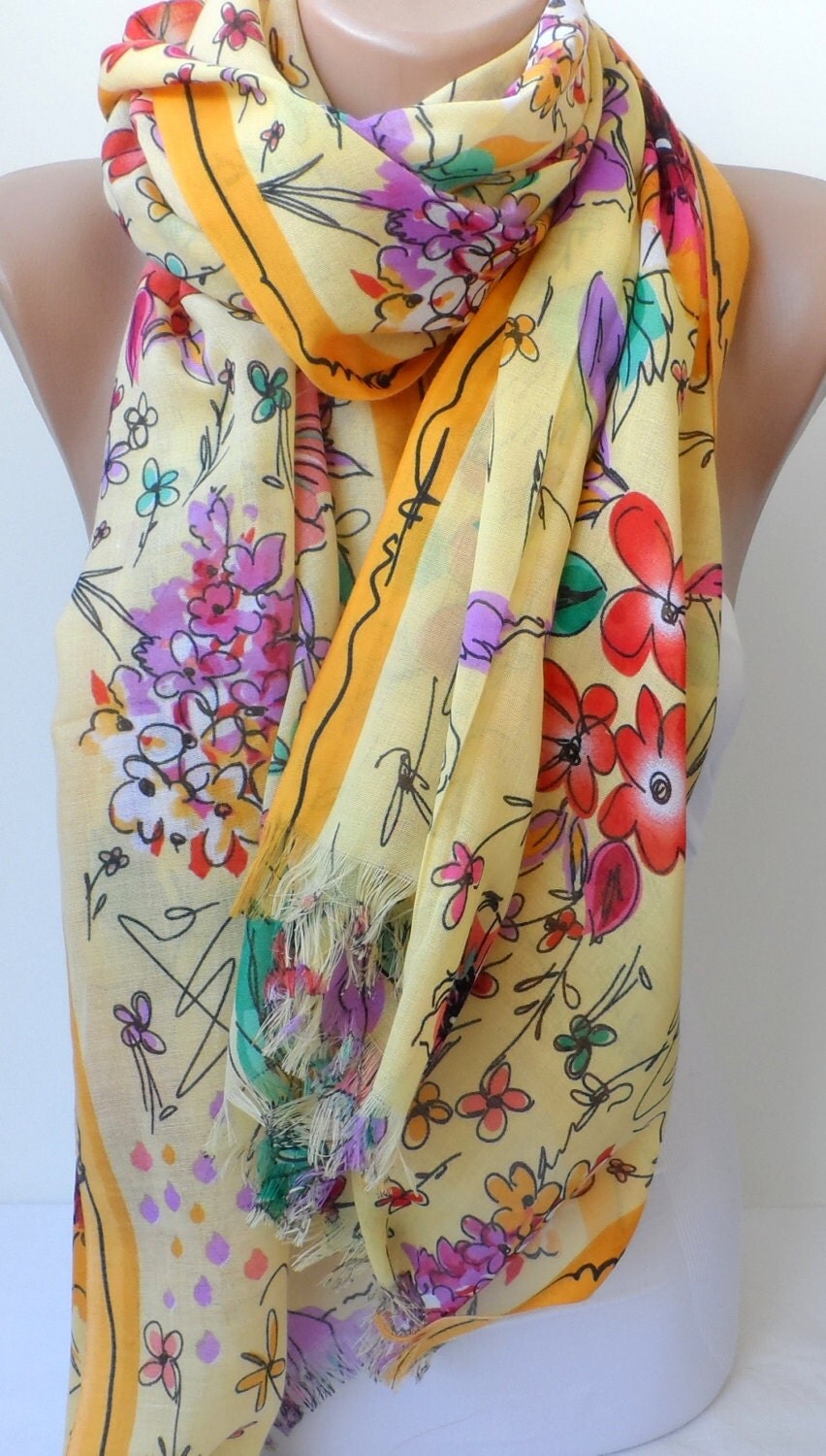 Cotton Scarf in Yellow Colourful Floral Scarfs Shawls Spring