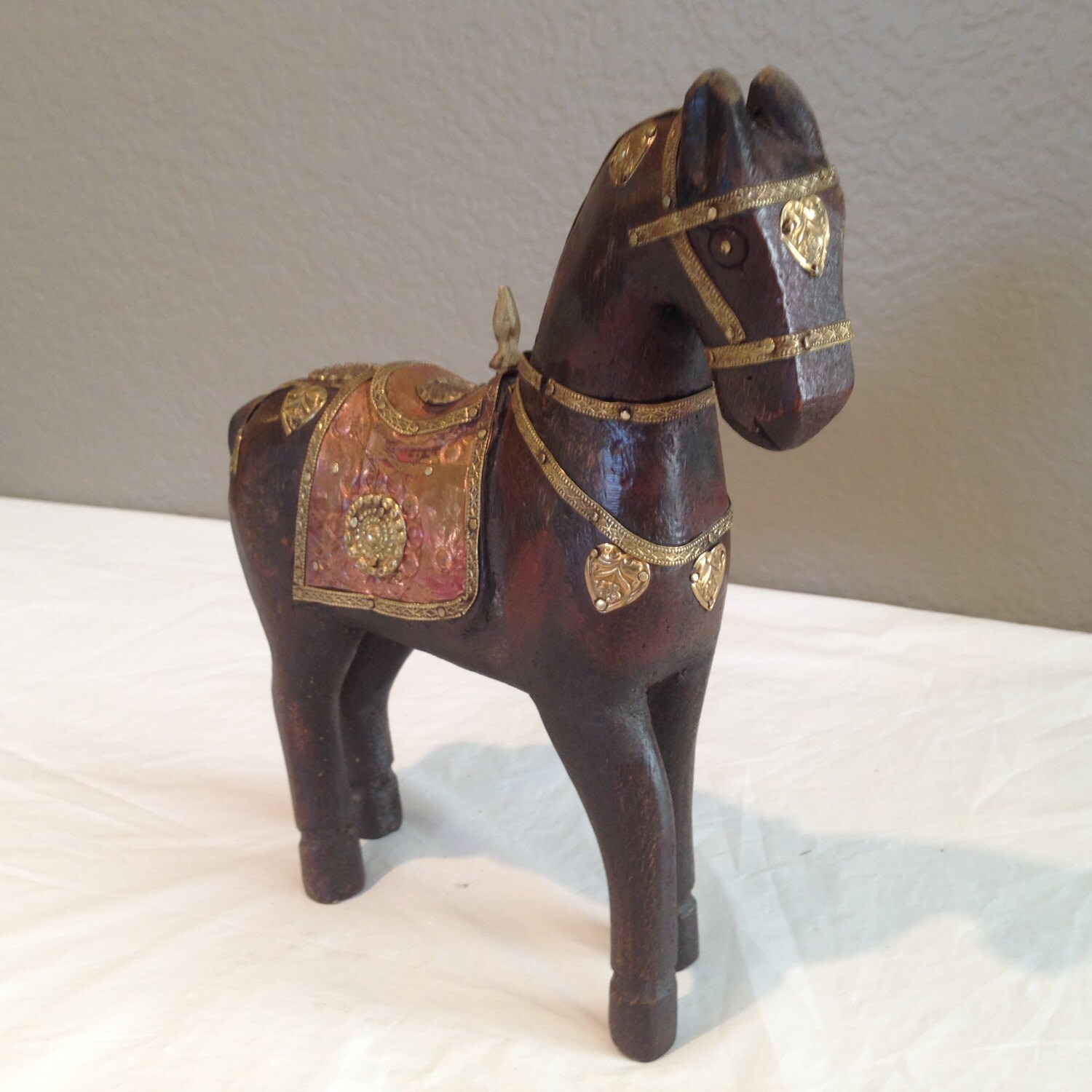 Antique Wood Carved Horse Figurine with Brass by KMSCollectibles