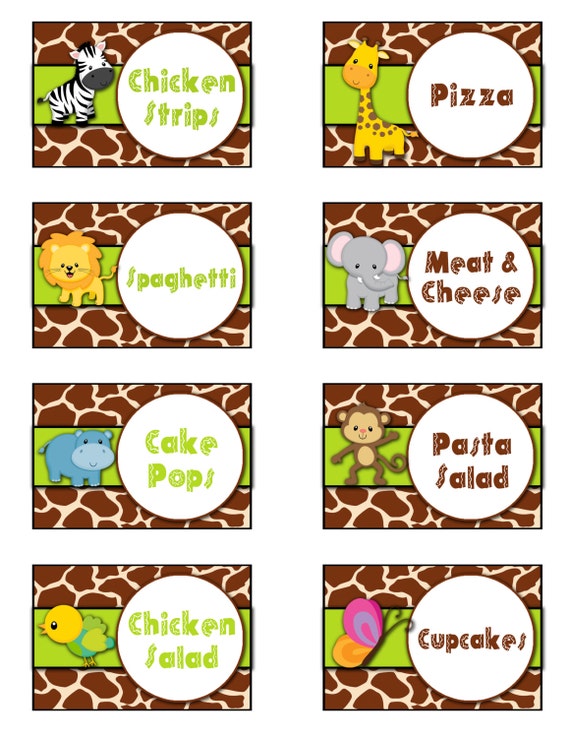Items similar to PRINTABLE FOOD LABELS, Jungle Baby Shower Food Labels, Zoo Animals Labels ...