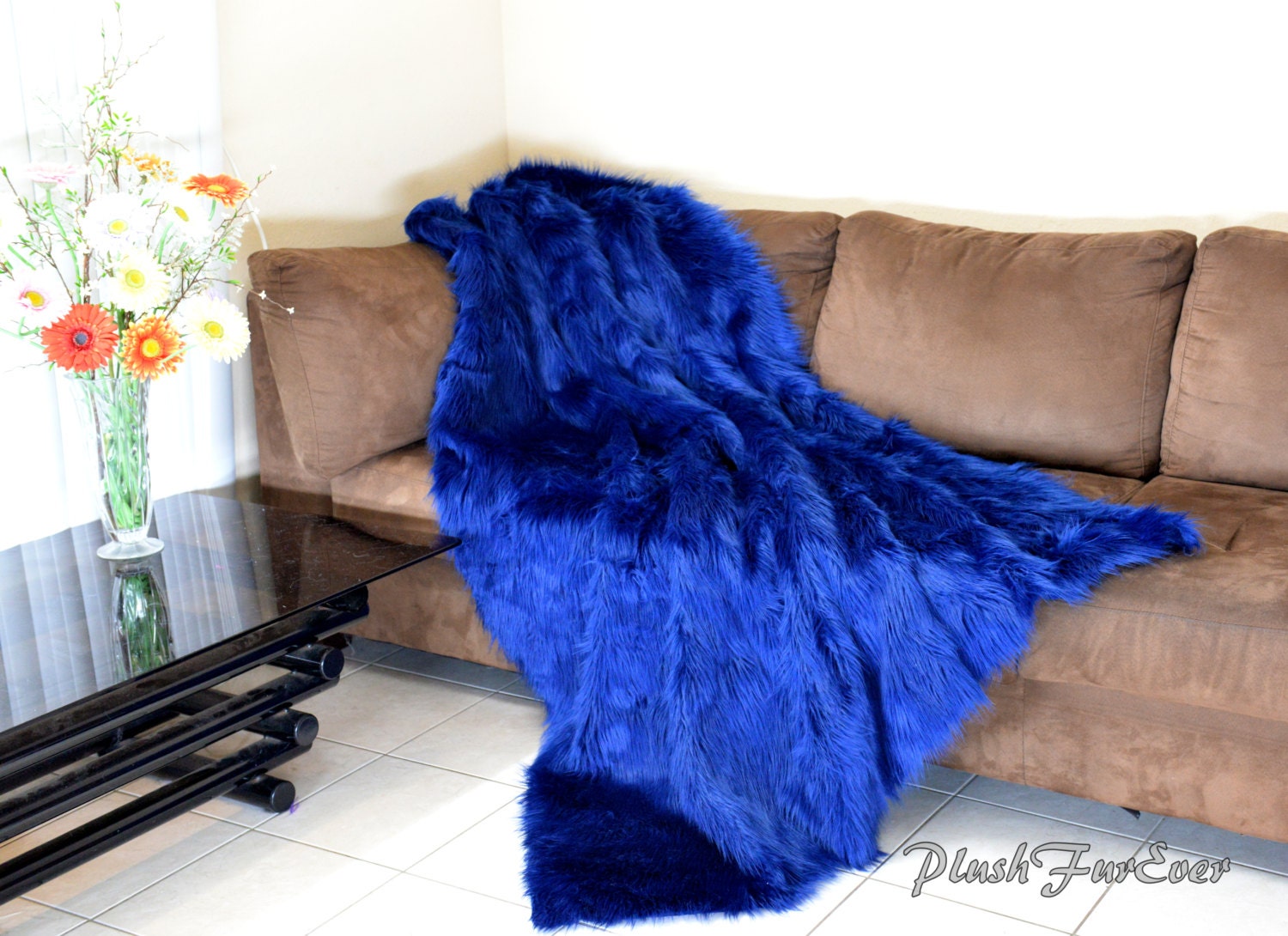New Navy Blue Shaggy Faux Fur Comforters Blanket Handmade High