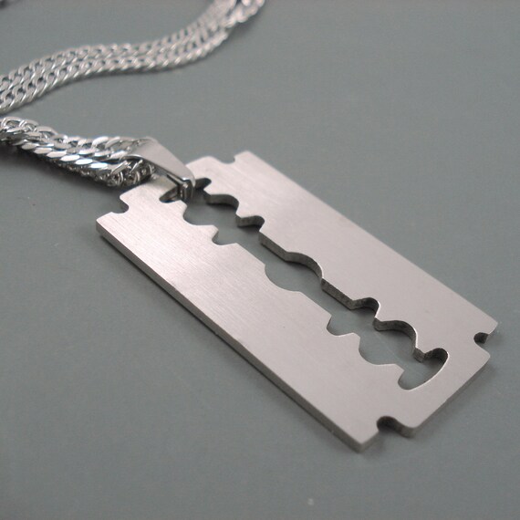Razor Blade Pendant on 23 inch Stainless Steel Chain Large