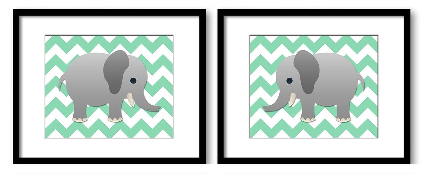 Elephant Nursery Art Nursery Print Set of 2 Elephants Mint Green Chevron Grey Child Art Prints Boy K