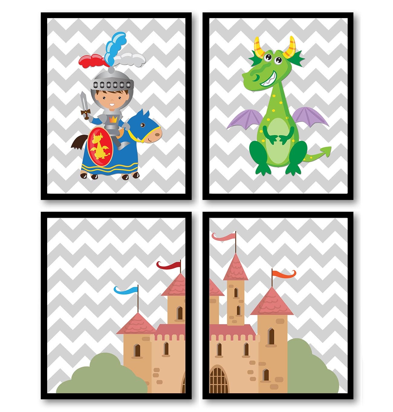 Fairy Tale Nursery Art Child Baby Set of 4 Art Prints Grey Chevron Boy Knight Dragon Castle Kids Roo