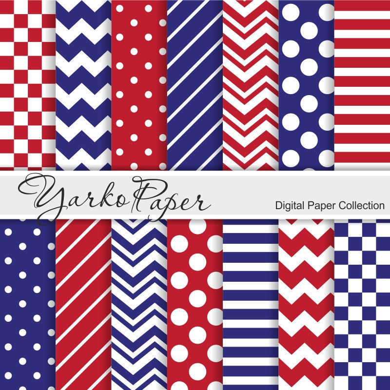 Red And Blue Digital Paper Pack Chevron Polka Dot Stripes