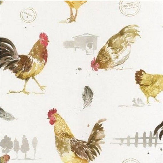 Brown Country Roosters on White - Organic, Green, Farmhouse, Farm House, Chickens, Animals, Kitchen Decor - By The Yard -  FK34433 so