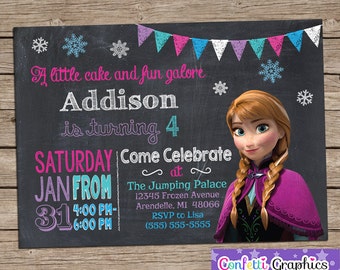 Frozen Birthday Invitation Chalkboard Chalk Girls Cute Anna Colorful Invite Custom Printable Personalized Invite Any Age Baby 1 2 3 4 5 6 7