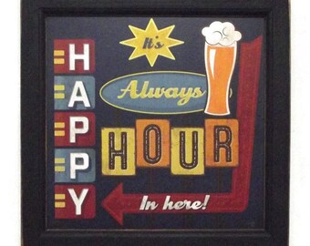Craft Beer, Sign, Happy Hour, Beer Sign, Funny Sign, Man Cave, Bar Decor, Wall Hanging, Handmade, 14X14, Custom Wood Frame, Made in the USA
