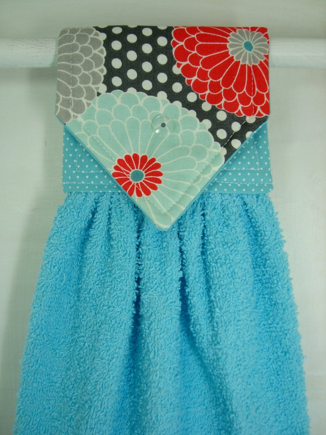 Zinnias Hanging Hand Towel Teal Coral Hanging Towel Aqua