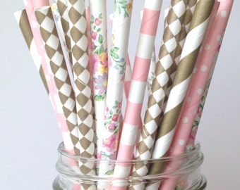 Floral Bridal Shower Decorations, Paper Straws Pink Gold & Floral Birthday Decor, Floral Mimosa Bar Straws Bubbly Bar Straws