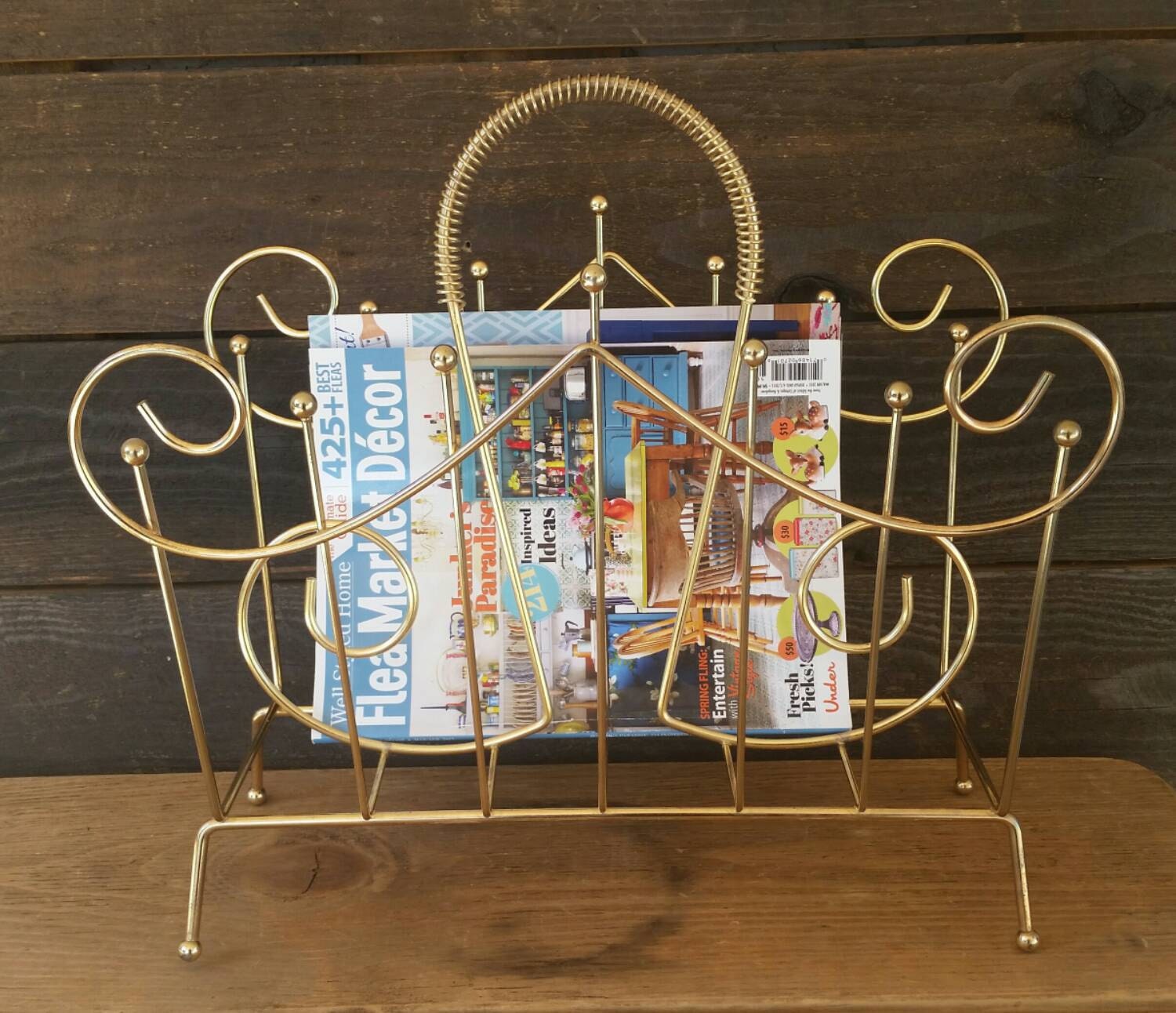 Vintage Brass Magazine Rack, Book Rack, Towel Yarn Album Holder, Glam