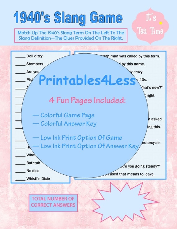 Dinner Party Games Ideas Part - 26: 1940s Slang Game, 1940s Party Ideas, Party Group Games, Dinner Party Games, Brain Teaser Games, Printable Game Ideas - By Printables 4 Less