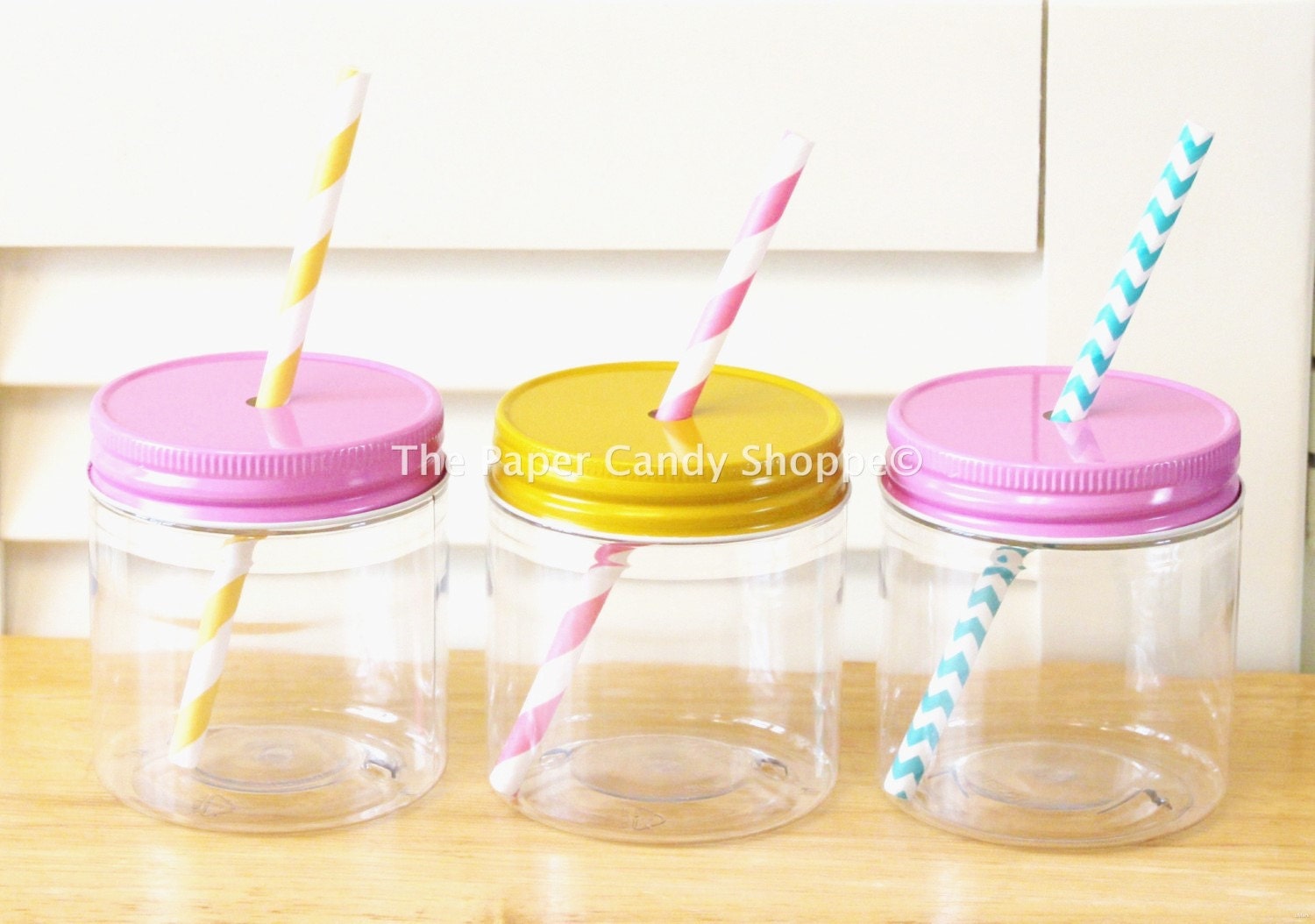 RESERVED 17 Plastic Mason Jars with GOLD straw lids 10
