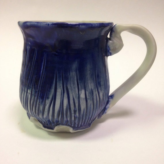 8oz Cup Wheel thrown Porcelain Coffee Mug Blue Hand