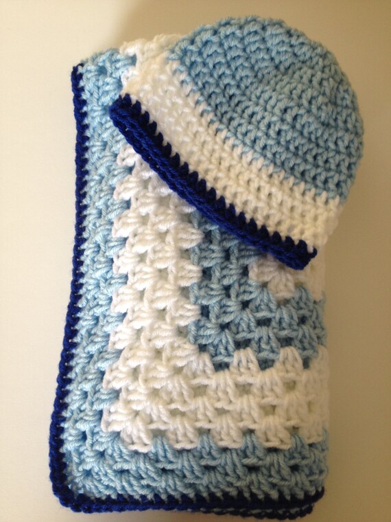 Granny Square Blue and White Baby Blanket Hat set. Crochet