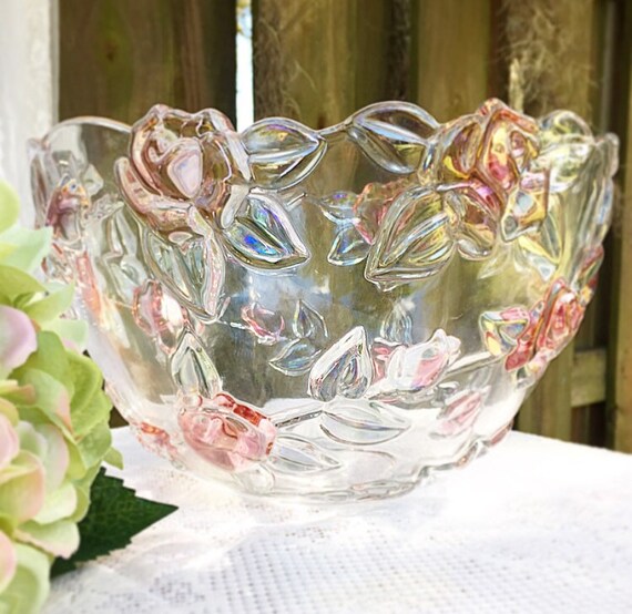 LARGE Floral Rose Glass Punch Bowl. Fruit serving Clear