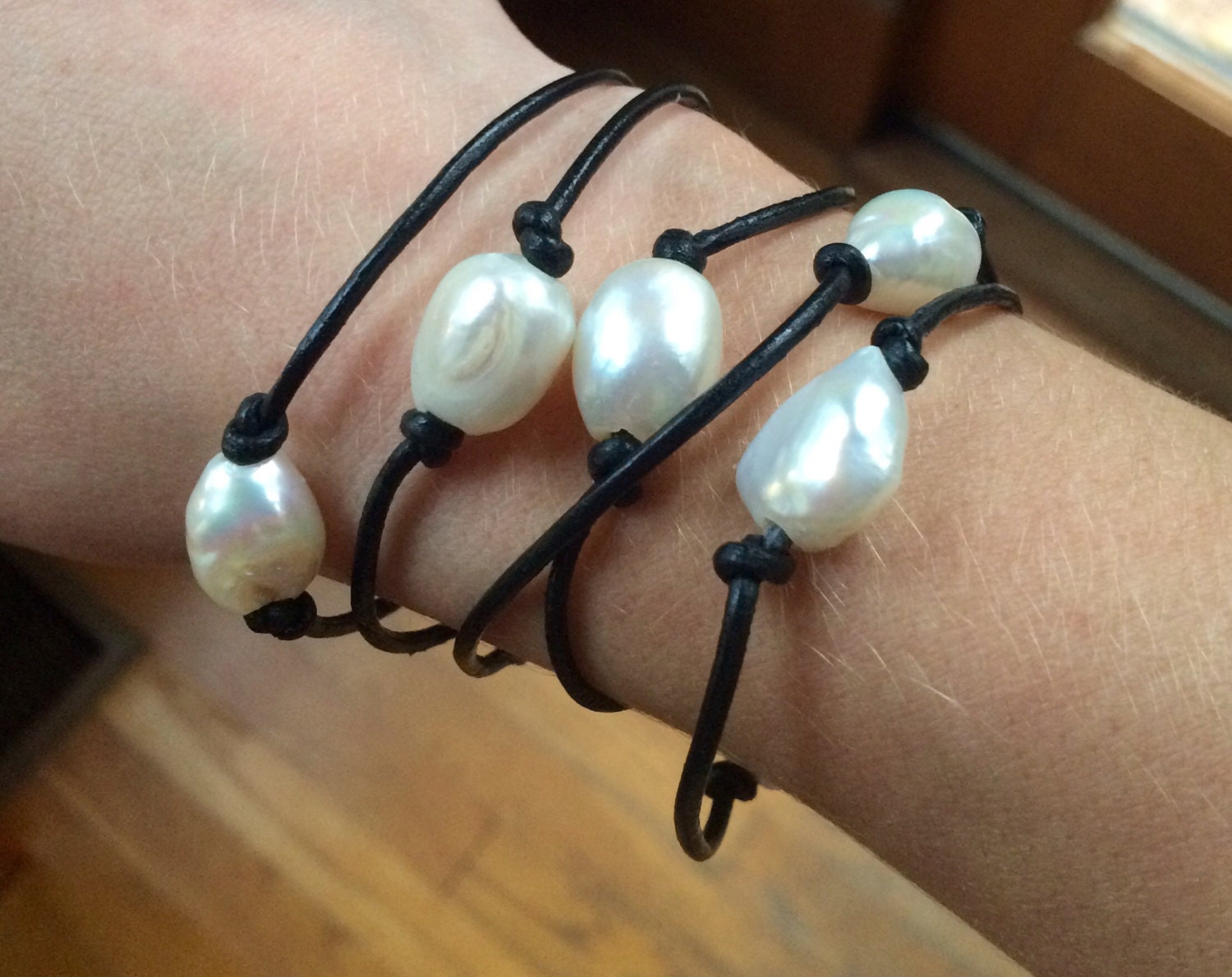 Leather and pearl wrap bracelet Clearance