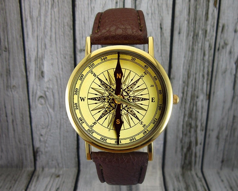 Vintage Compass Watch Nautical Leather Watch by