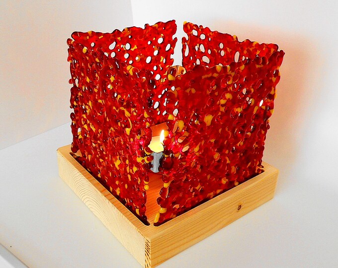 Red orange glass tealight holder. Modern contemporary large tea light holder with handcrafted pine wooden base. wedding birthday gift idea